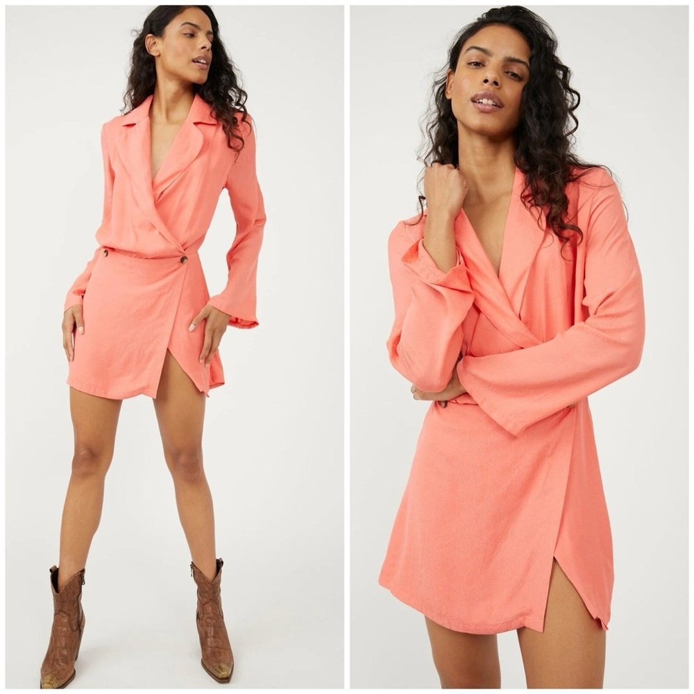 Free People Simone Wrap Mini Dress Long Sleeve Lipgloss coral color flawed